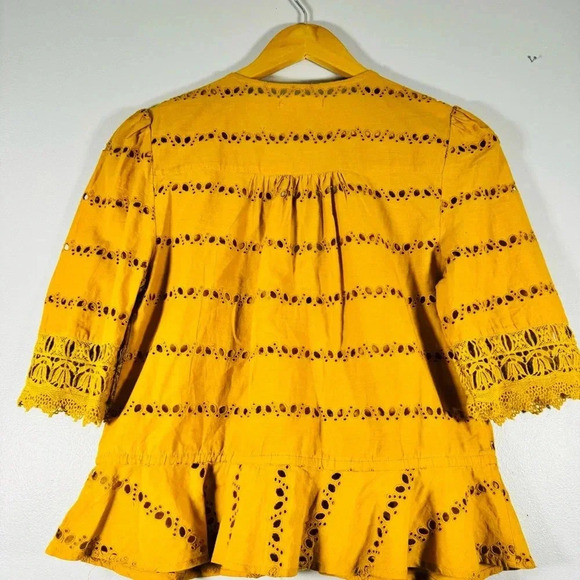 Rahi Yellow Paradise Cotton Eyelet Top Button-up Blouse with Tie Belt Size Small - Picture 5 of 7